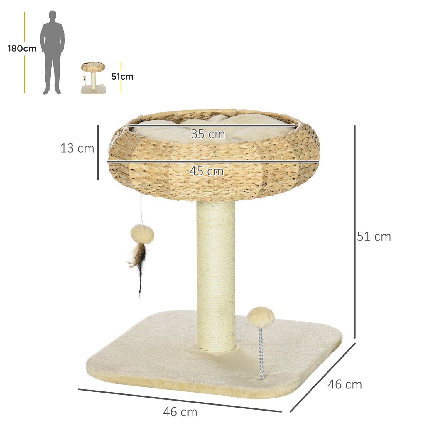 PawHut 51cm Cat Tree, Kitty Activity Centre, Cat Climbing Toy, Cat Tower w/ Cattail Bed, Toy Ball, Scratching Post - Baig Merchant