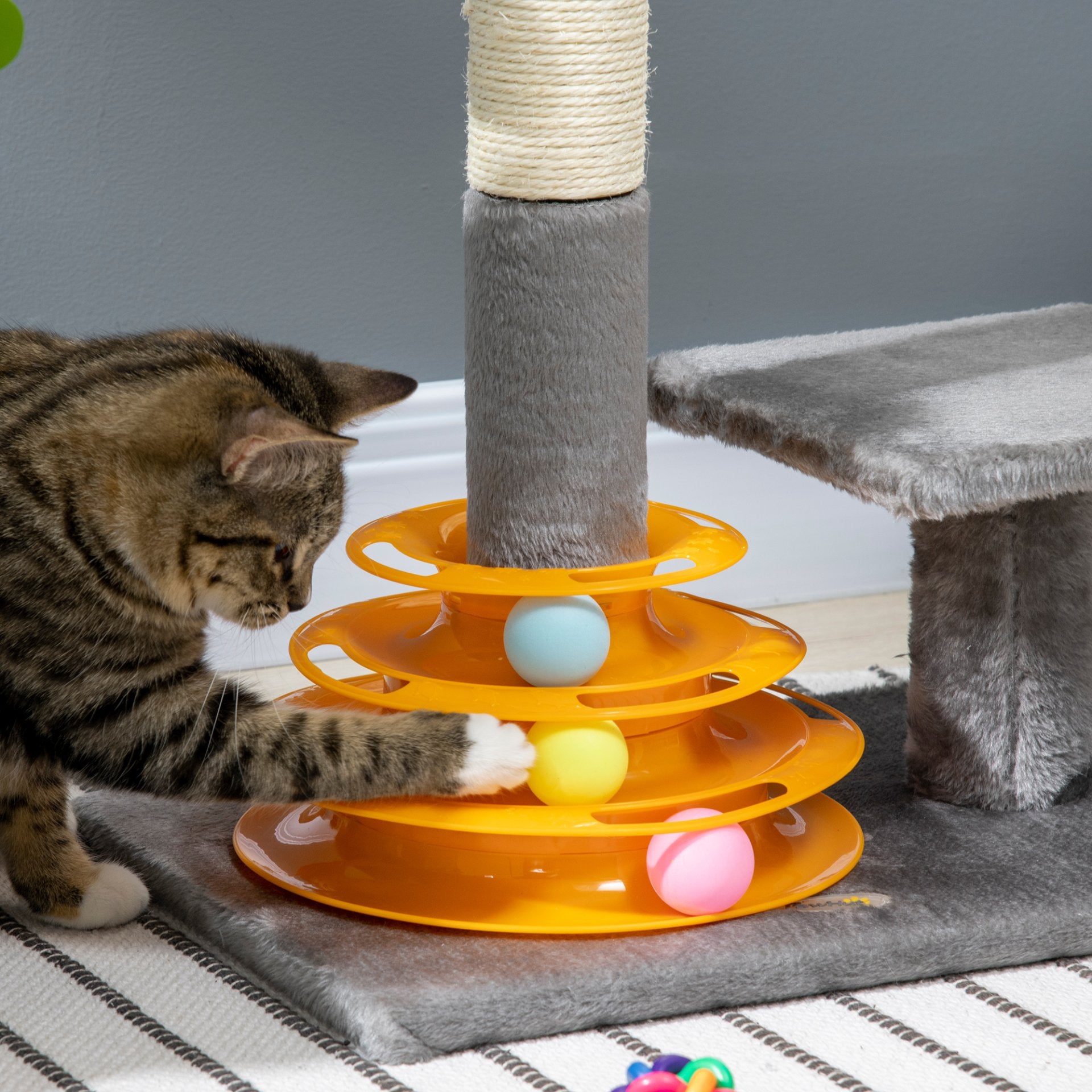 PawHut 56cm Cat Tree for Indoor Cats, Scratching Post w/ Cat Toys Climbing Tower Activity Centre, Dangling Ball - Grey - Baig Merchant