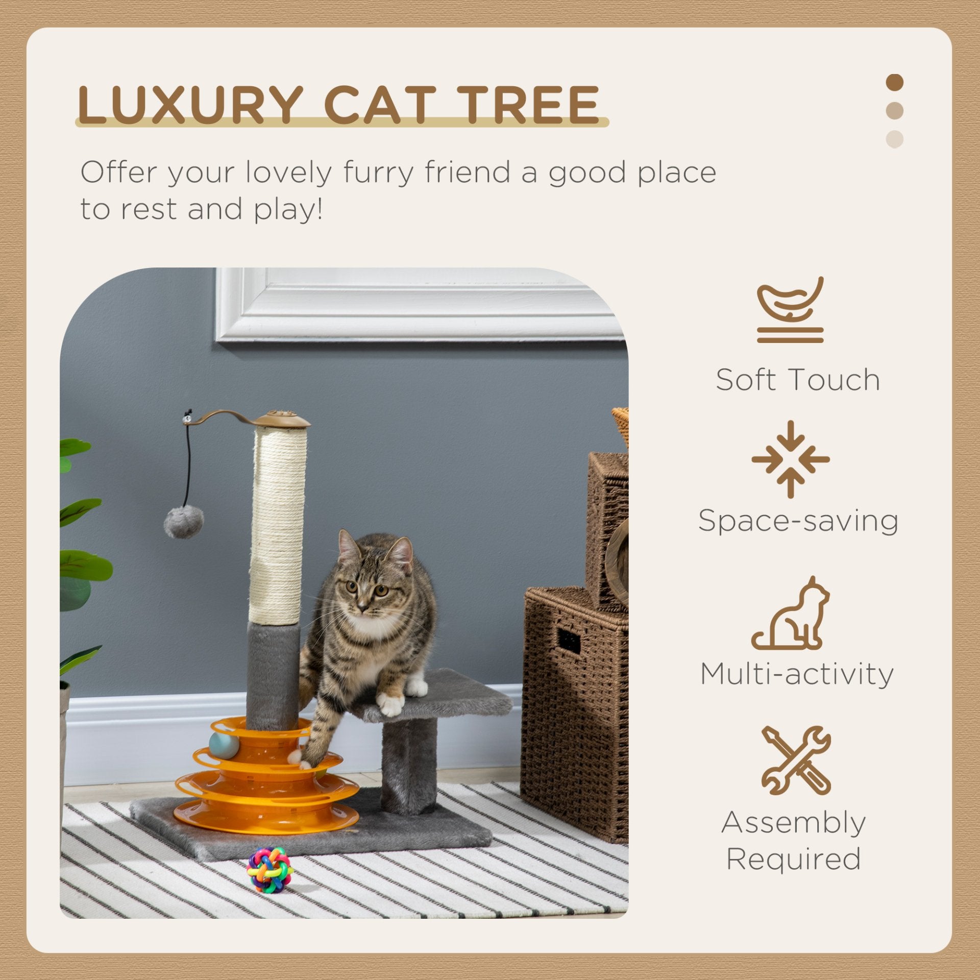 PawHut 56cm Cat Tree for Indoor Cats, Scratching Post w/ Cat Toys Climbing Tower Activity Centre, Dangling Ball - Grey - Baig Merchant