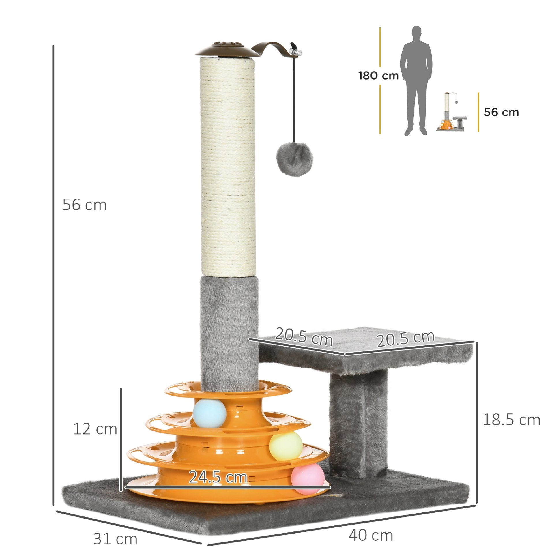 PawHut 56cm Cat Tree for Indoor Cats, Scratching Post w/ Cat Toys Climbing Tower Activity Centre, Dangling Ball - Grey - Baig Merchant