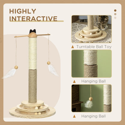 PawHut 56cm Cat Tree, Kitty Activity Centre with Turntable Interactive Toy Ball, Cat Tower with Jute and Sisal Scratching Post - Natural Finish - Baig Merchant