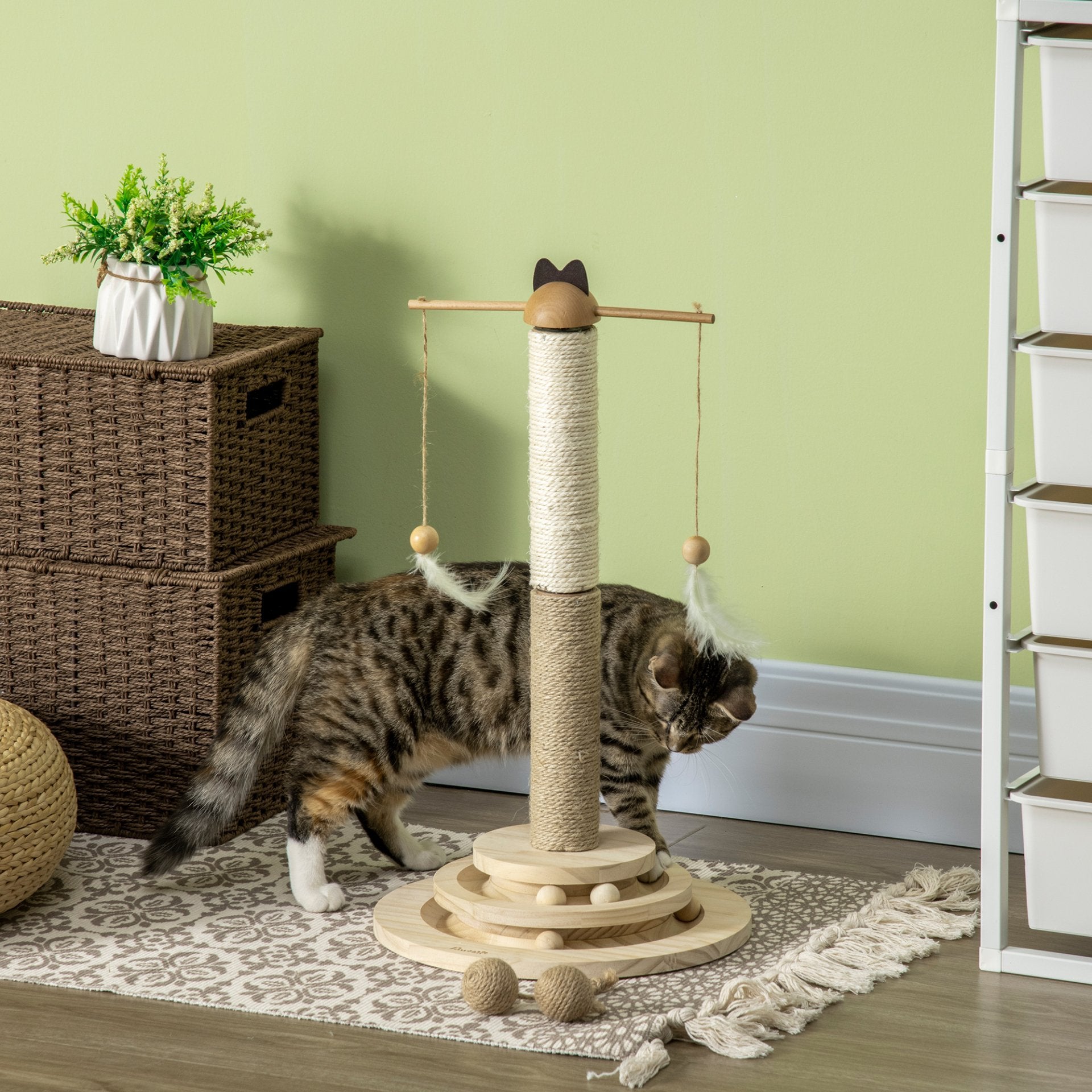 PawHut 56cm Cat Tree, Kitty Activity Centre with Turntable Interactive Toy Ball, Cat Tower with Jute and Sisal Scratching Post - Natural Finish - Baig Merchant