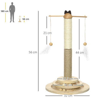 PawHut 56cm Cat Tree, Kitty Activity Centre with Turntable Interactive Toy Ball, Cat Tower with Jute and Sisal Scratching Post - Natural Finish - Baig Merchant