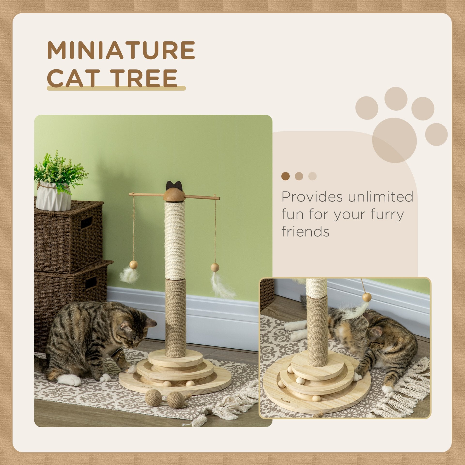 PawHut 56cm Cat Tree, Kitty Activity Centre with Turntable Interactive Toy Ball, Cat Tower with Jute and Sisal Scratching Post - Natural Finish - Baig Merchant