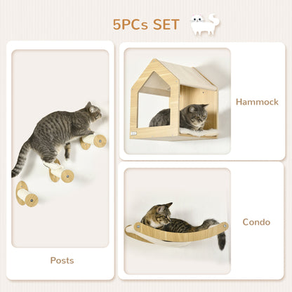 PawHut 5PCs Wall Mounted Cat Tree Set - Cat Shelves, Climbing Shelf, Hammock & Condo, Oak - Baig Merchant