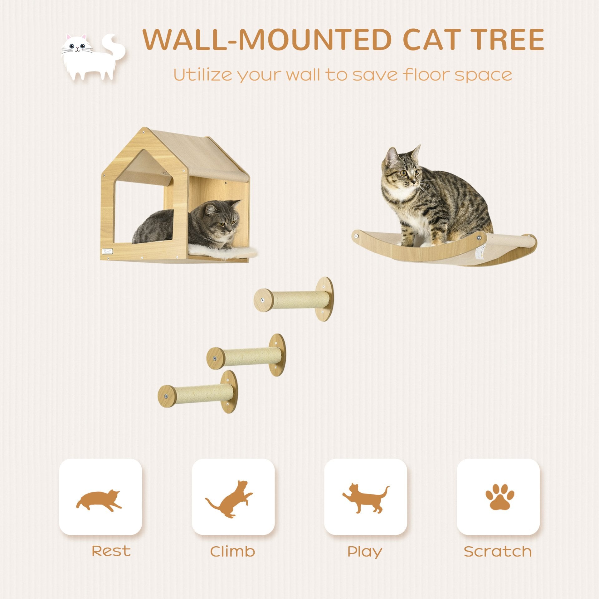 PawHut 5PCs Wall Mounted Cat Tree Set - Cat Shelves, Climbing Shelf, Hammock & Condo, Oak - Baig Merchant