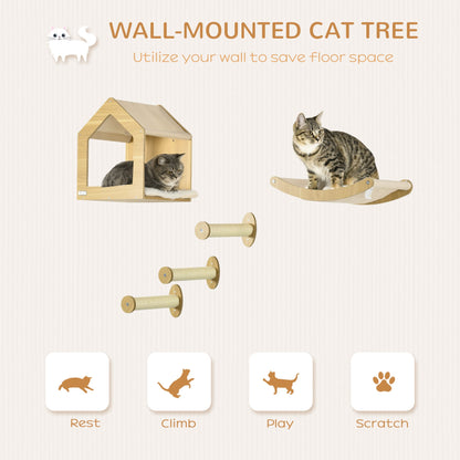 PawHut 5PCs Wall Mounted Cat Tree Set - Cat Shelves, Climbing Shelf, Hammock & Condo, Oak - Baig Merchant