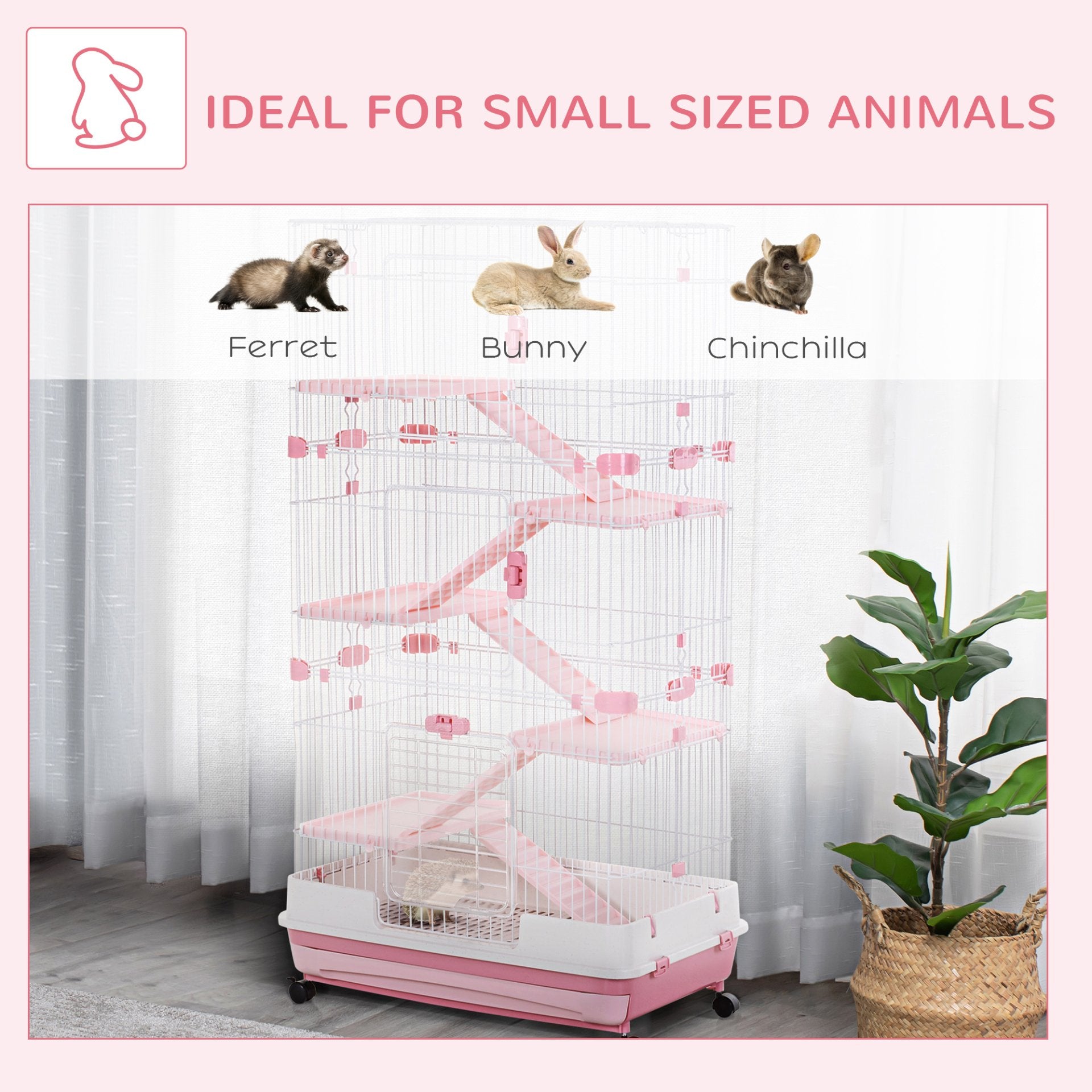 PawHut 6 - Level Small Animal Cage, Indoor Bunny House, for Ferrets, Chinchillas w/ Wheels, Slide - Out Tray, Pink, 81 x 52.5 x 159 cm - Baig Merchant