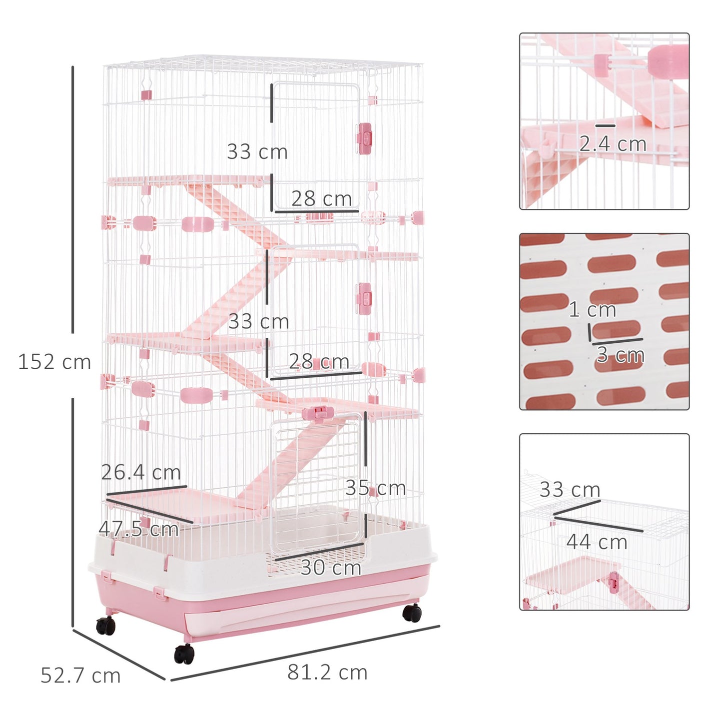 PawHut 6 - Level Small Animal Cage, Indoor Bunny House, for Ferrets, Chinchillas w/ Wheels, Slide - Out Tray, Pink, 81 x 52.5 x 159 cm - Baig Merchant