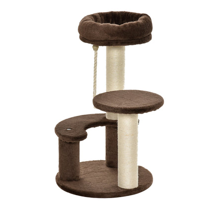 PawHut 65 cm Cat Tree for Indoor Cats Kitty Scratcher Kitten Activity Center Scratching Post Playhouse 2 Perch w/ Hanging Sisal Rope Brown - Baig Merchant