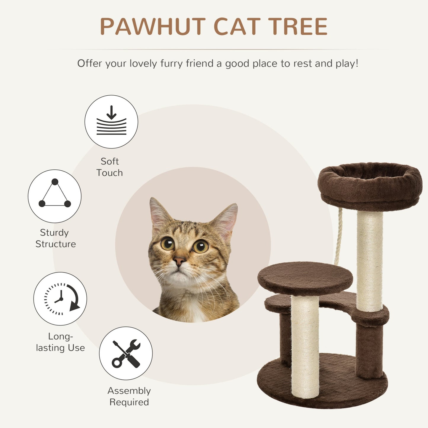 PawHut 65 cm Cat Tree for Indoor Cats Kitty Scratcher Kitten Activity Center Scratching Post Playhouse 2 Perch w/ Hanging Sisal Rope Brown - Baig Merchant