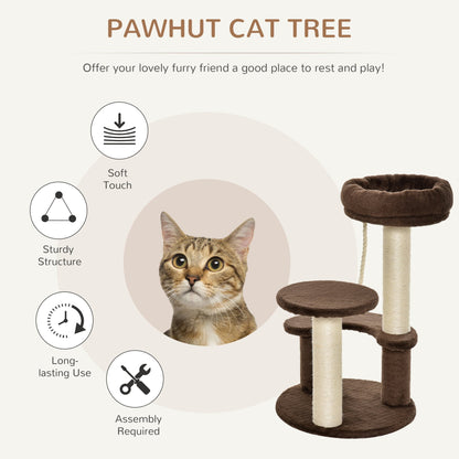 PawHut 65 cm Cat Tree for Indoor Cats Kitty Scratcher Kitten Activity Center Scratching Post Playhouse 2 Perch w/ Hanging Sisal Rope Brown - Baig Merchant