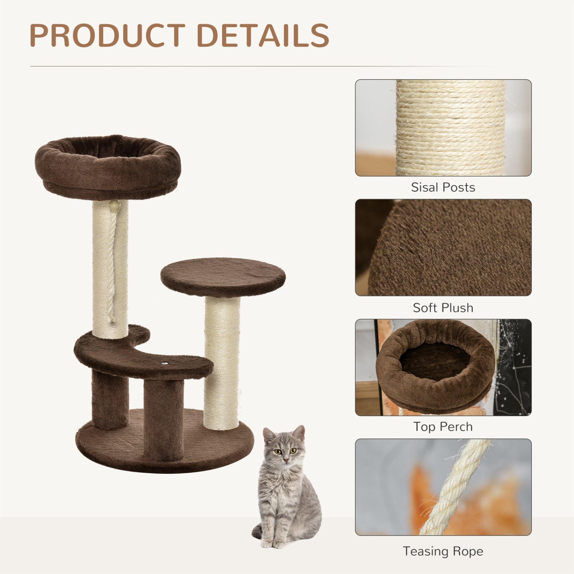 PawHut 65 cm Cat Tree for Indoor Cats Kitty Scratcher Kitten Activity Center Scratching Post Playhouse 2 Perch w/ Hanging Sisal Rope Brown - Baig Merchant