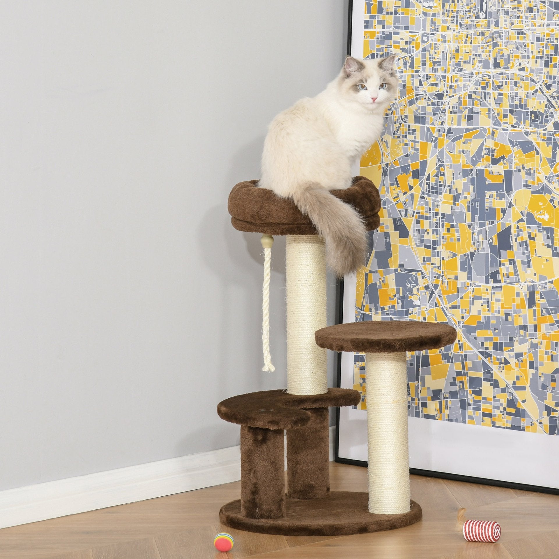 PawHut 65 cm Cat Tree for Indoor Cats Kitty Scratcher Kitten Activity Center Scratching Post Playhouse 2 Perch w/ Hanging Sisal Rope Brown - Baig Merchant