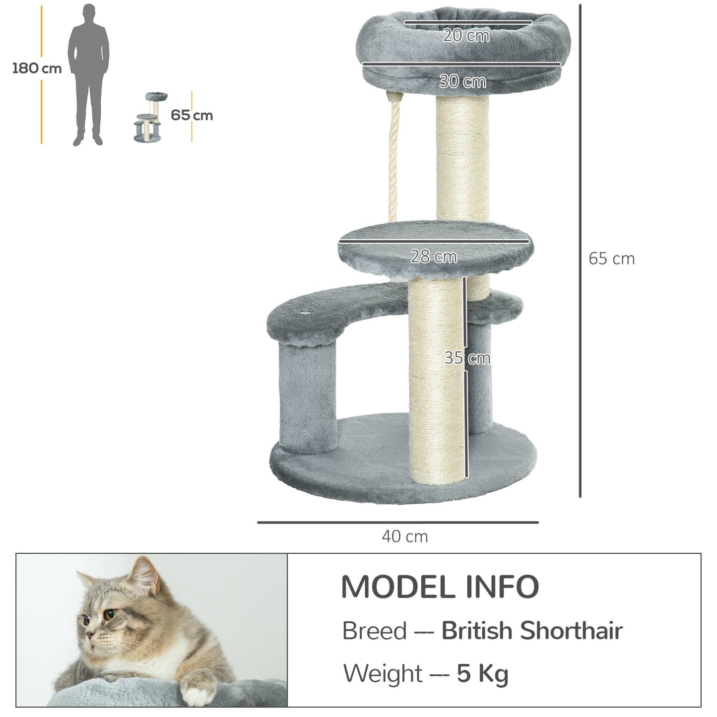 PawHut 65 cm Cat Tree for Indoor Cats – Kitty Scratcher, Kitten Activity Center, Scratching Post, Playhouse with 2 Perches & Hanging Sisal Rope – Grey - Baig Merchant