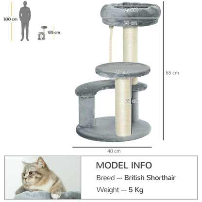 PawHut 65 cm Cat Tree for Indoor Cats – Kitty Scratcher, Kitten Activity Center, Scratching Post, Playhouse with 2 Perches & Hanging Sisal Rope – Grey - Baig Merchant