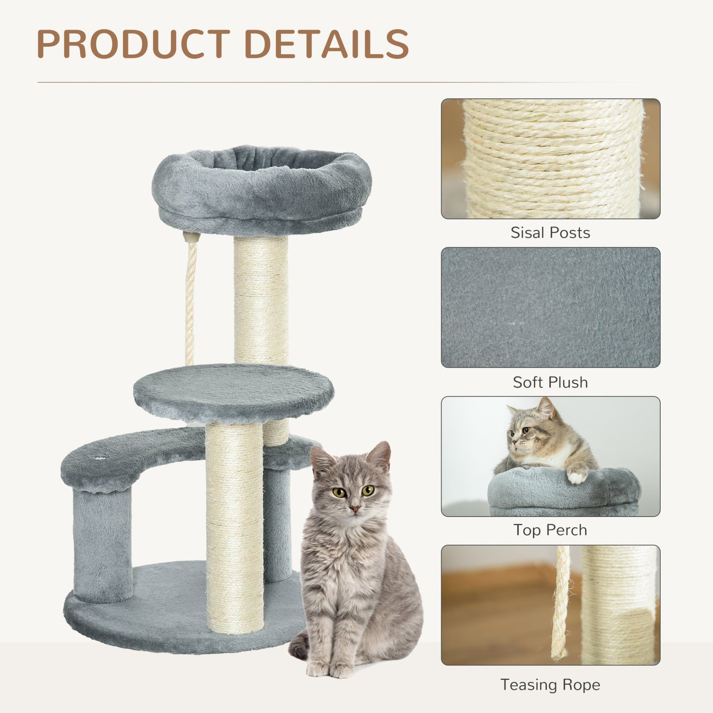 PawHut 65 cm Cat Tree for Indoor Cats – Kitty Scratcher, Kitten Activity Center, Scratching Post, Playhouse with 2 Perches & Hanging Sisal Rope – Grey - Baig Merchant