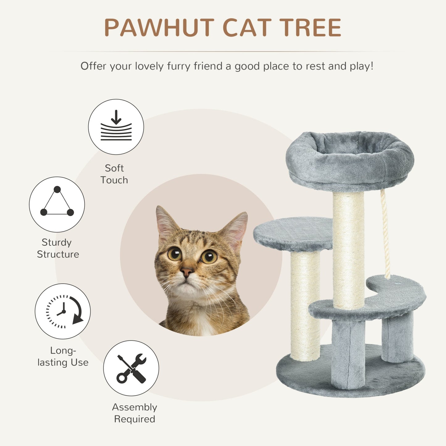 PawHut 65 cm Cat Tree for Indoor Cats – Kitty Scratcher, Kitten Activity Center, Scratching Post, Playhouse with 2 Perches & Hanging Sisal Rope – Grey - Baig Merchant