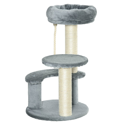 PawHut 65 cm Cat Tree for Indoor Cats – Kitty Scratcher, Kitten Activity Center, Scratching Post, Playhouse with 2 Perches & Hanging Sisal Rope – Grey - Baig Merchant