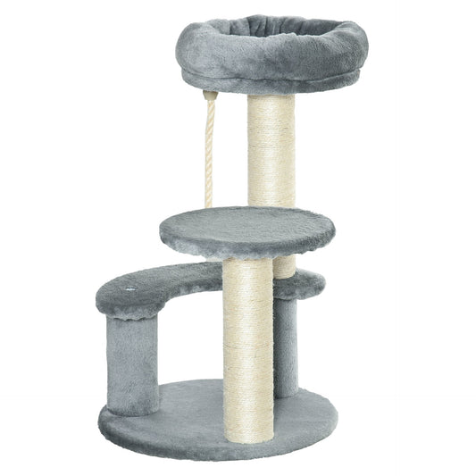 PawHut 65 cm Cat Tree for Indoor Cats – Kitty Scratcher, Kitten Activity Center, Scratching Post, Playhouse with 2 Perches & Hanging Sisal Rope – Grey - Baig Merchant