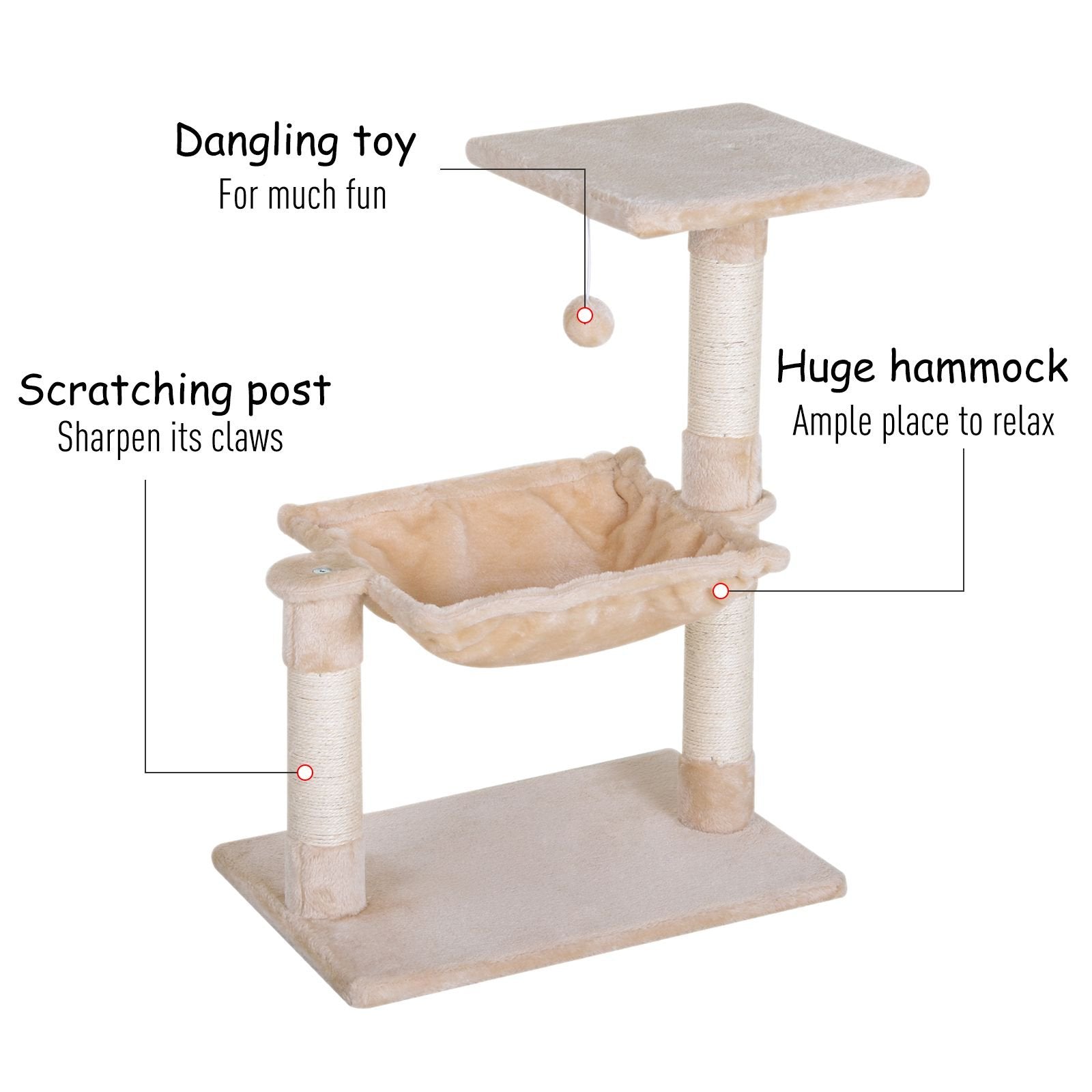 PawHut 70cm Cat Tree for Indoor Cats Durable Natural Sisal Scratching Posts Hammock Bed Kitty Activity Center Beige - Baig Merchant