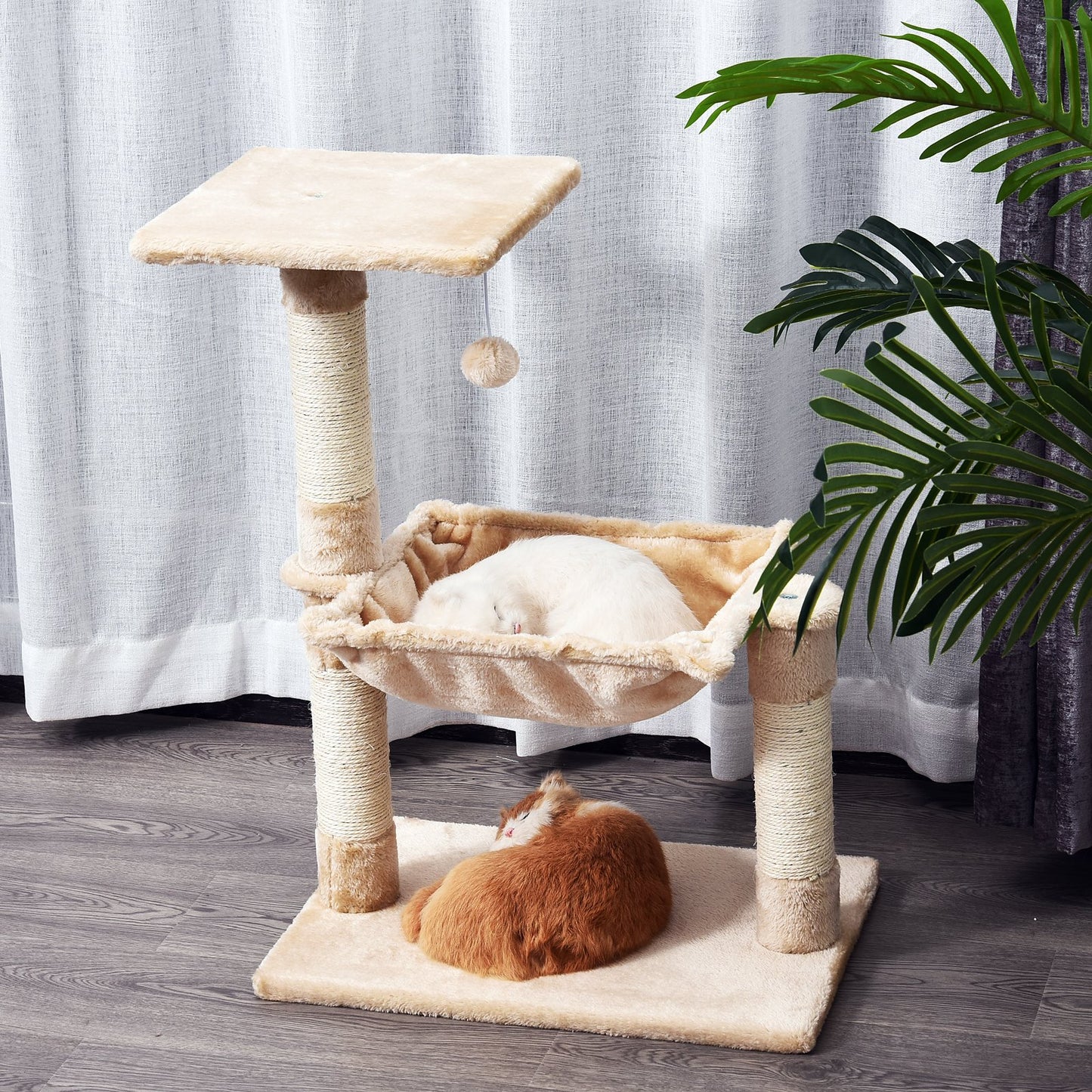 PawHut 70cm Cat Tree for Indoor Cats Durable Natural Sisal Scratching Posts Hammock Bed Kitty Activity Center Beige - Baig Merchant