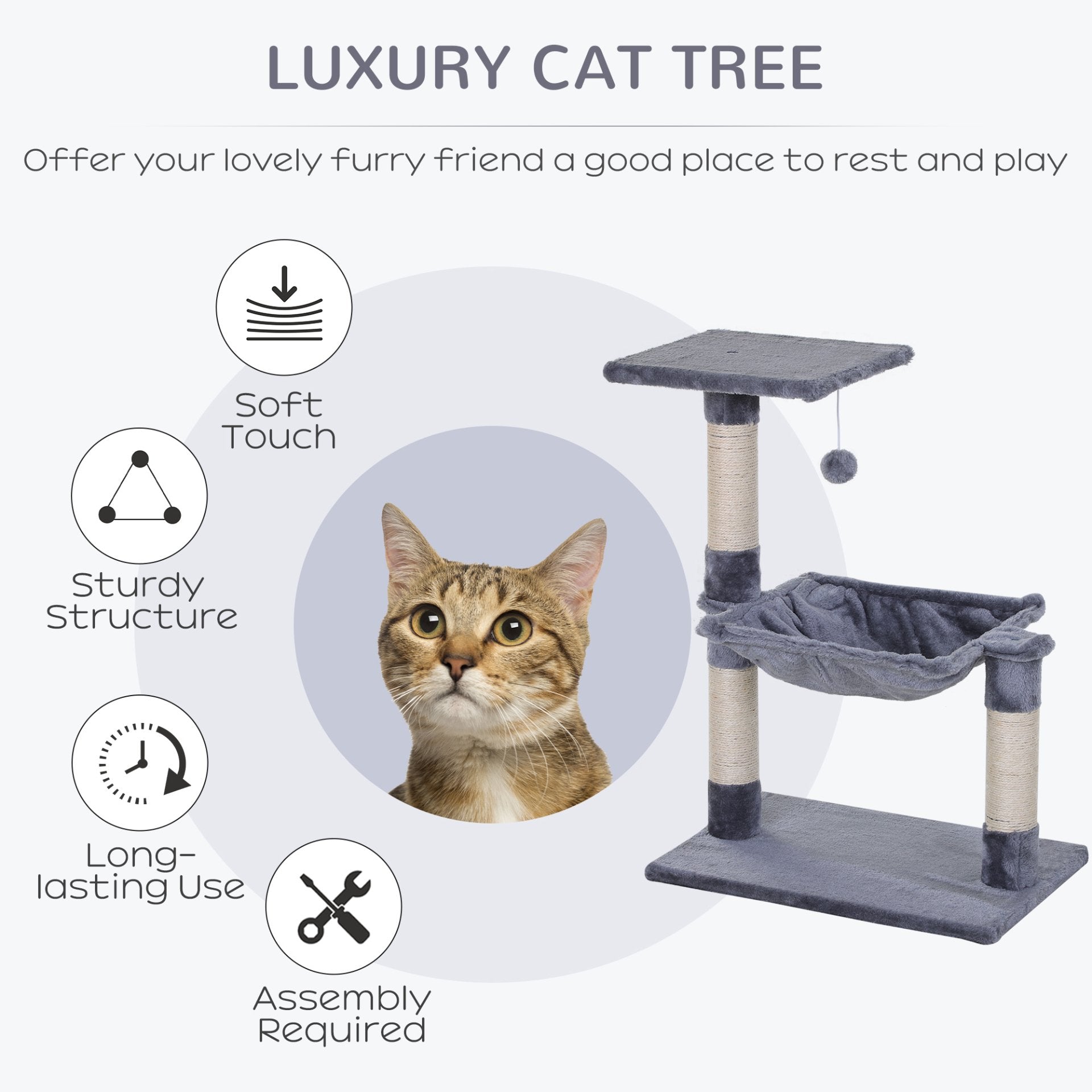 PawHut 70cm Cat Tree with Natural Sisal Scratching Posts, Hammock Bed, and Activity Center in Grey - Baig Merchant