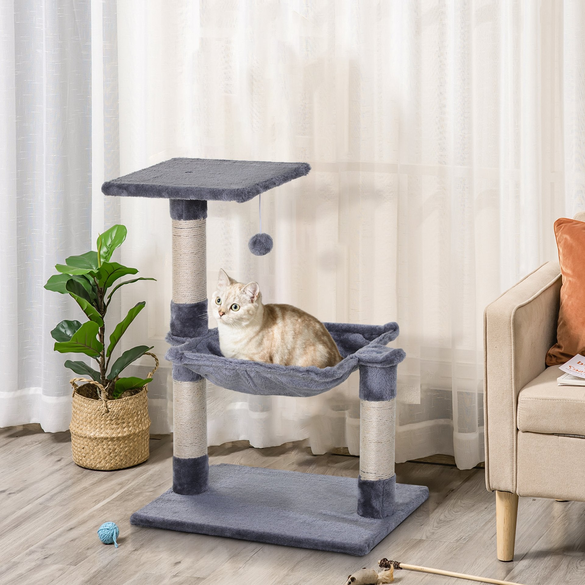 PawHut 70cm Cat Tree with Natural Sisal Scratching Posts, Hammock Bed, and Activity Center in Grey - Baig Merchant