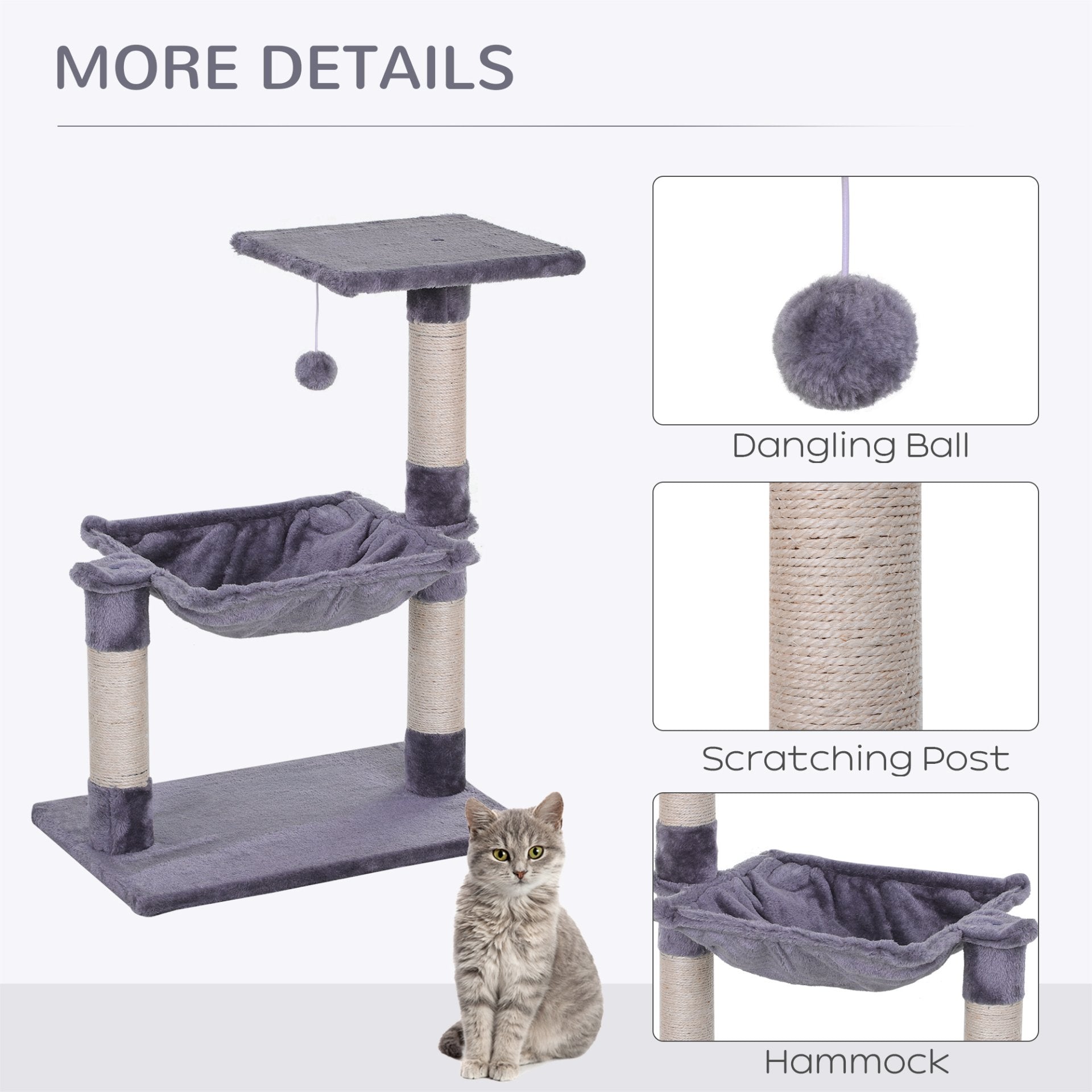 PawHut 70cm Cat Tree with Natural Sisal Scratching Posts, Hammock Bed, and Activity Center in Grey - Baig Merchant