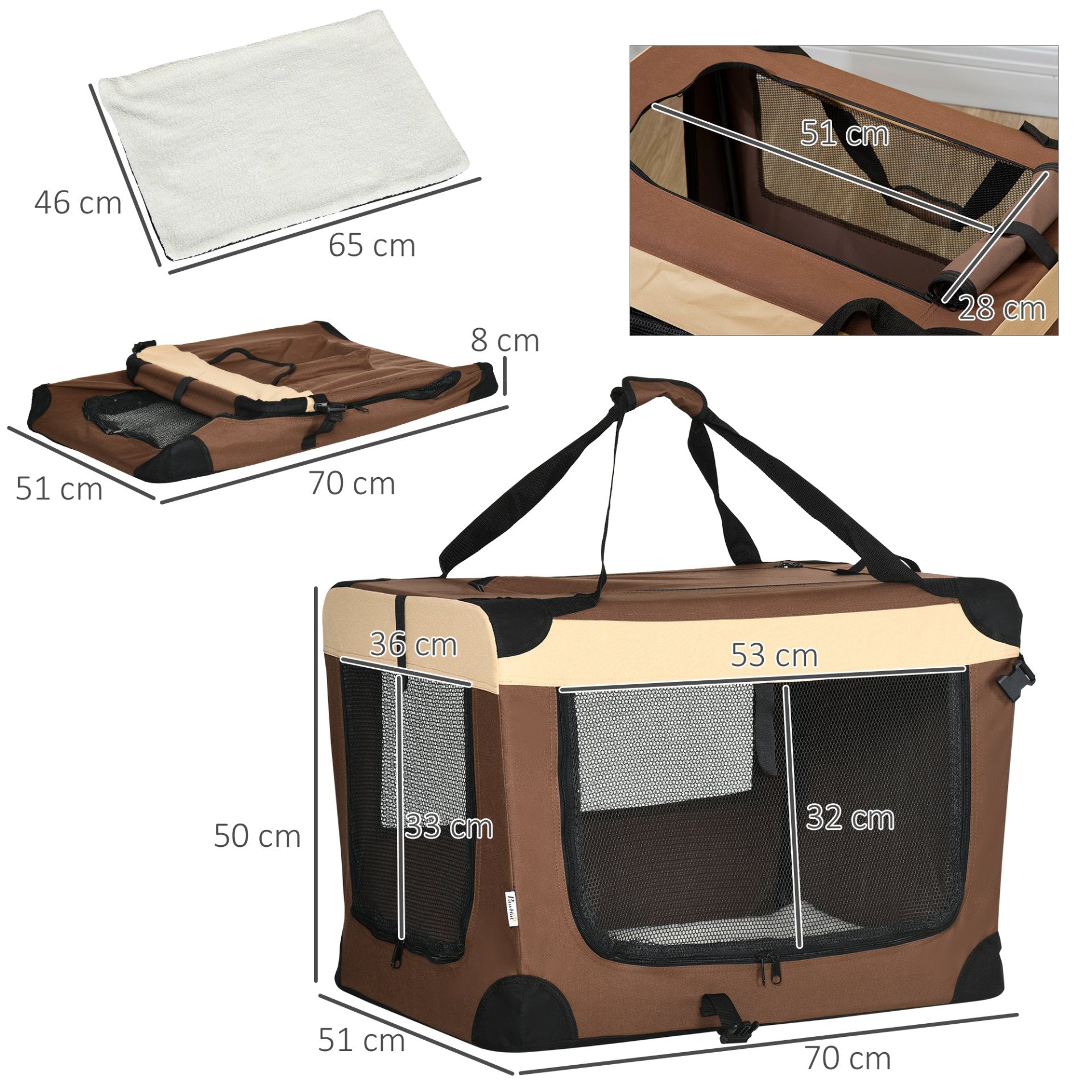 PawHut 70cm Foldable Pet Carrier Cat Bag, Portable Kitten Carrier, Pet Travel Bag w/ Cushion, for Cats and Miniature Dogs - Brown - Baig Merchant