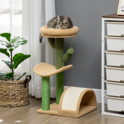 PawHut 72cm Cat Tree, Kitty Activity Center, Wooden Cat Climbing Toy, Cat Tower with Bed Ball Toy Sisal Scratching Post Curved Pad, Brown - Baig Merchant