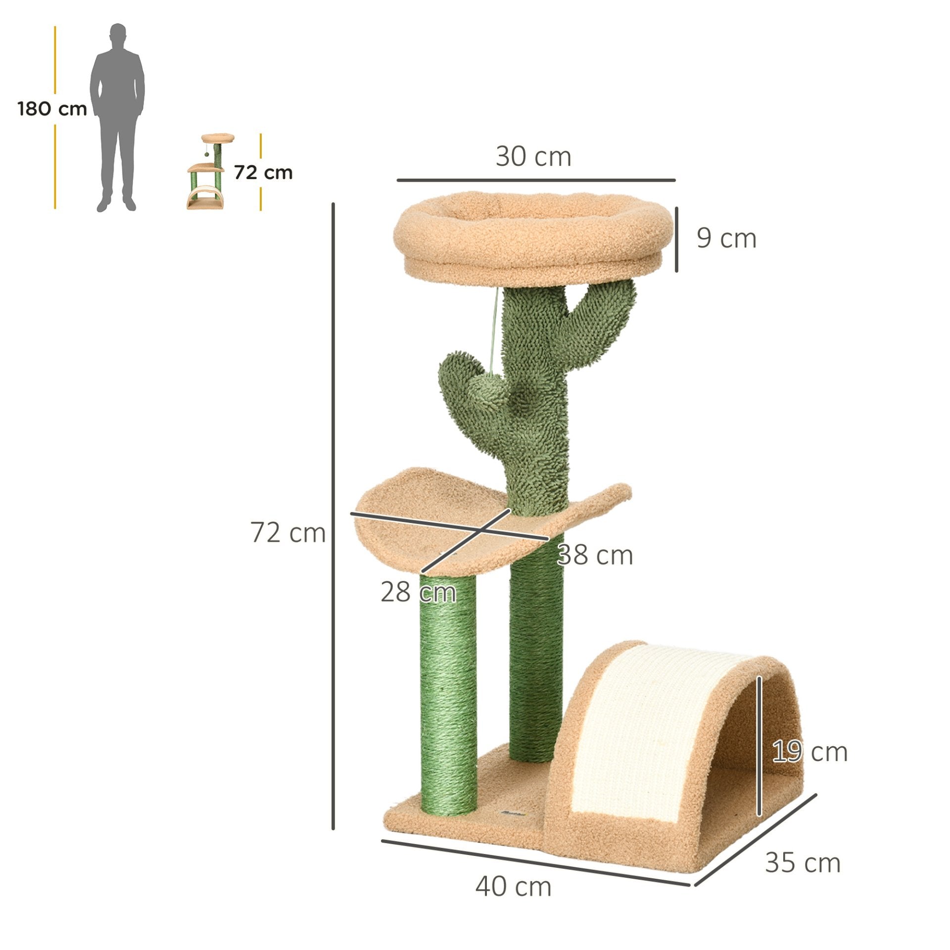 PawHut 72cm Cat Tree, Kitty Activity Center, Wooden Cat Climbing Toy, Cat Tower with Bed Ball Toy Sisal Scratching Post Curved Pad, Brown - Baig Merchant