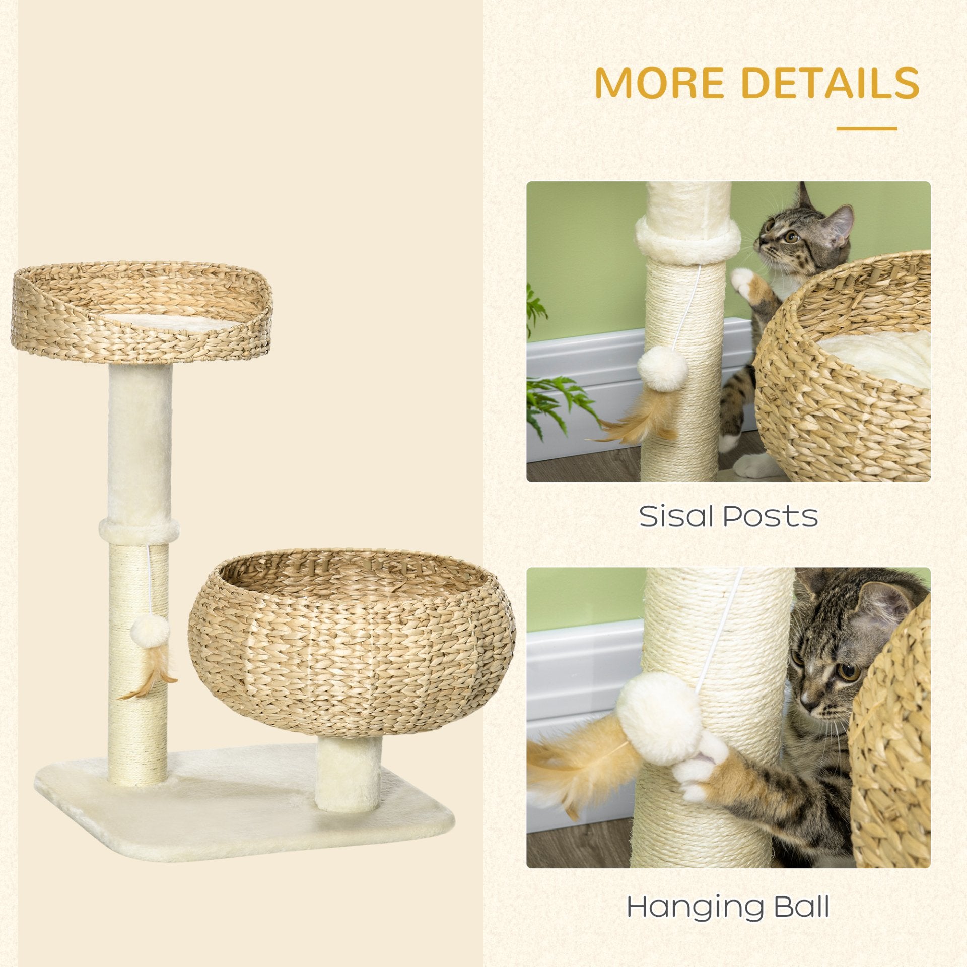 PawHut 72cm Cat Tree, Kitty Activity Centre, Cat Climbing Toy, Cat Tower w/ Two Cattail Beds, Toy Ball, Scratching Post - Beige - Baig Merchant