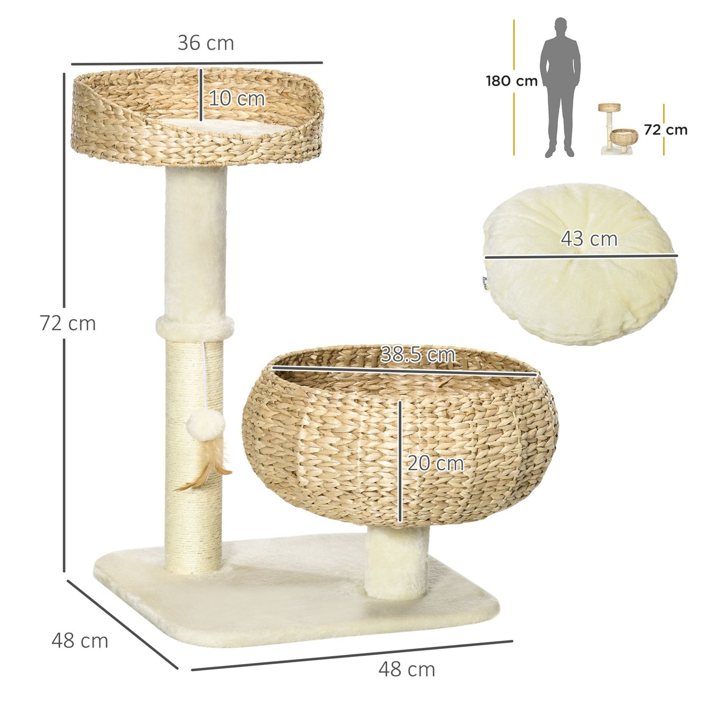 PawHut 72cm Cat Tree, Kitty Activity Centre, Cat Climbing Toy, Cat Tower w/ Two Cattail Beds, Toy Ball, Scratching Post - Beige - Baig Merchant