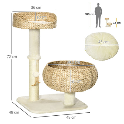 PawHut 72cm Cat Tree, Kitty Activity Centre, Cat Climbing Toy, Cat Tower w/ Two Cattail Beds, Toy Ball, Scratching Post - Beige - Baig Merchant