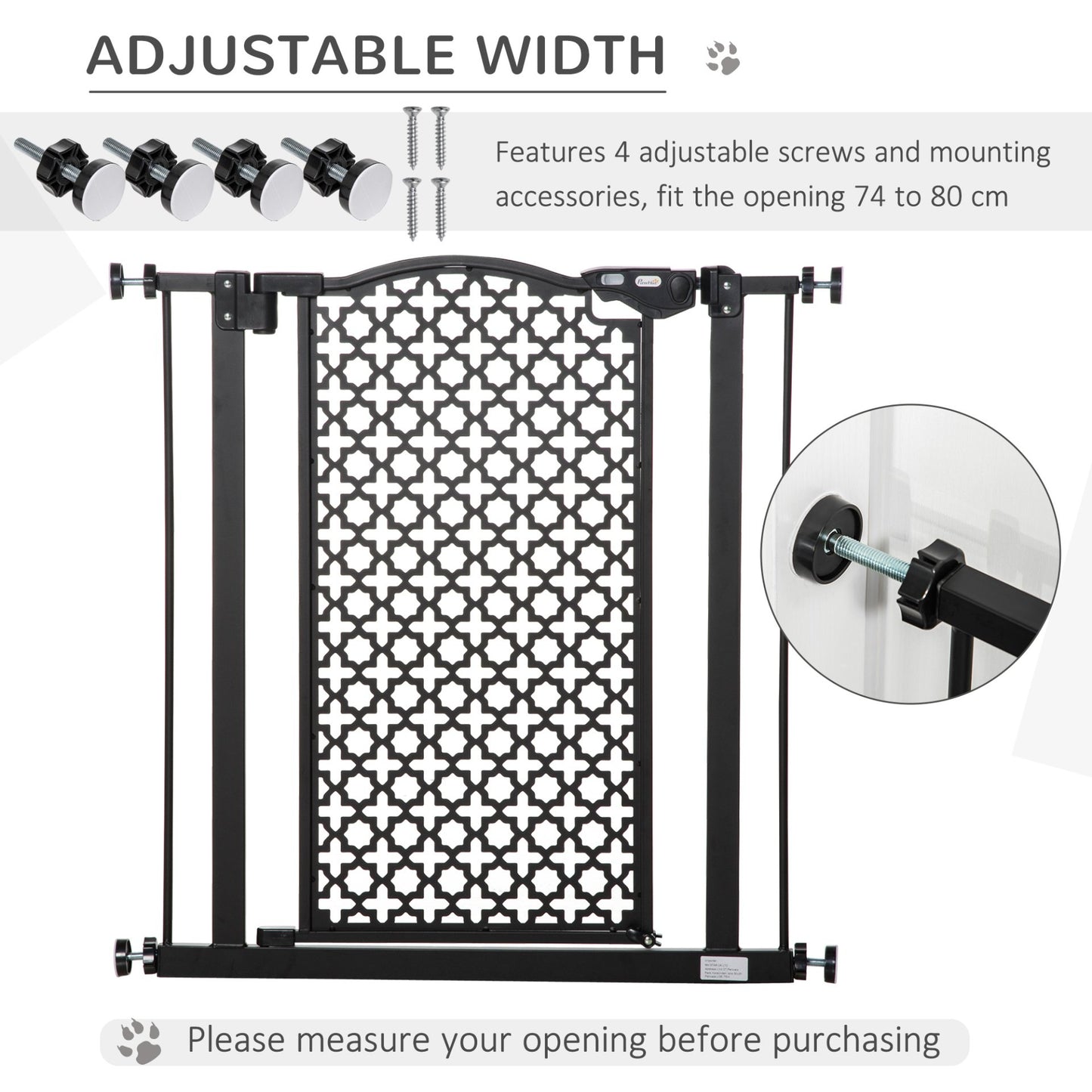 PawHut 74 - 80 cm Pet Safety Gate Barrier Stair Pressure Fit with Auto Close and Double Locking for Doorways, Hallways, Black - Baig Merchant