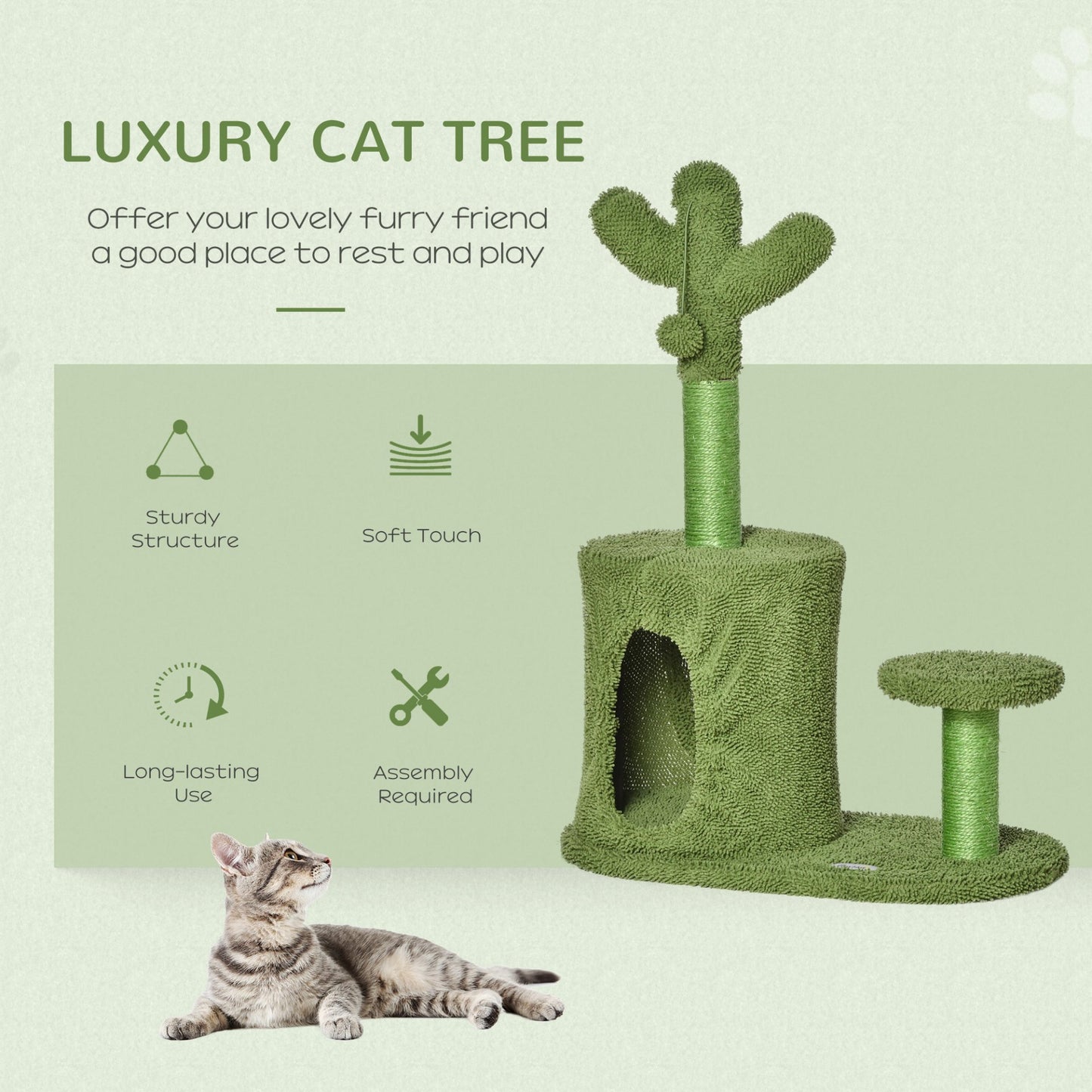 PawHut 78cm Cactus Cat Tree Tower for Indoor Cats Sisal Scratching Post Condo Perch Activity Center Dangling Ball - Baig Merchant