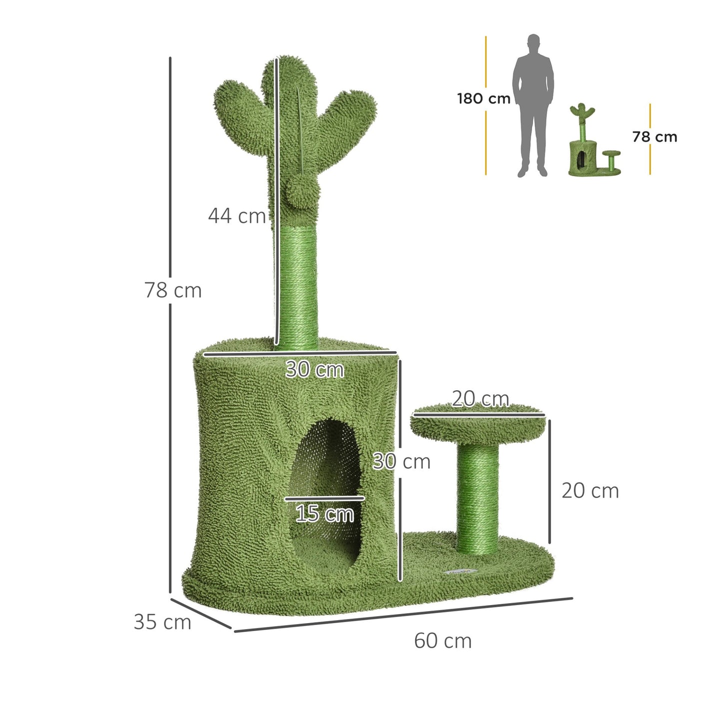 PawHut 78cm Cactus Cat Tree Tower for Indoor Cats Sisal Scratching Post Condo Perch Activity Center Dangling Ball - Baig Merchant