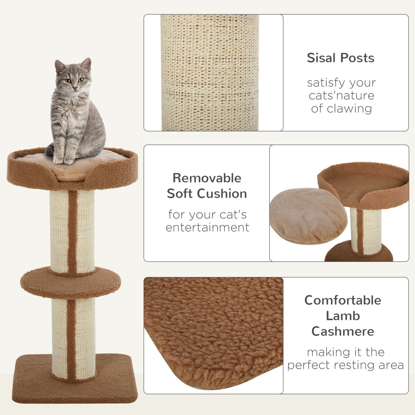 PawHut 91cm Cat Tree for Indoor Cats Kitten Activity Center Play Tower Perches Sisal Scratching Post Lamb Cashmere Brown - Baig Merchant