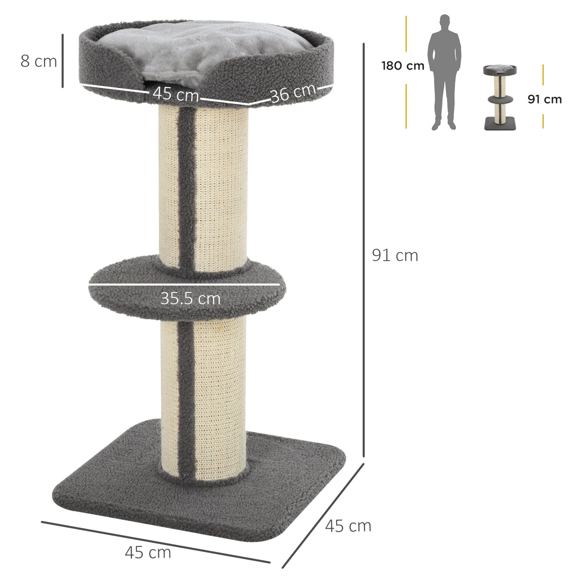 PawHut 91cm Cat Tree for Indoor Cats Kitten Activity Center Play Tower Perches Sisal Scratching Post Lamb Cashmere Grey - Baig Merchant