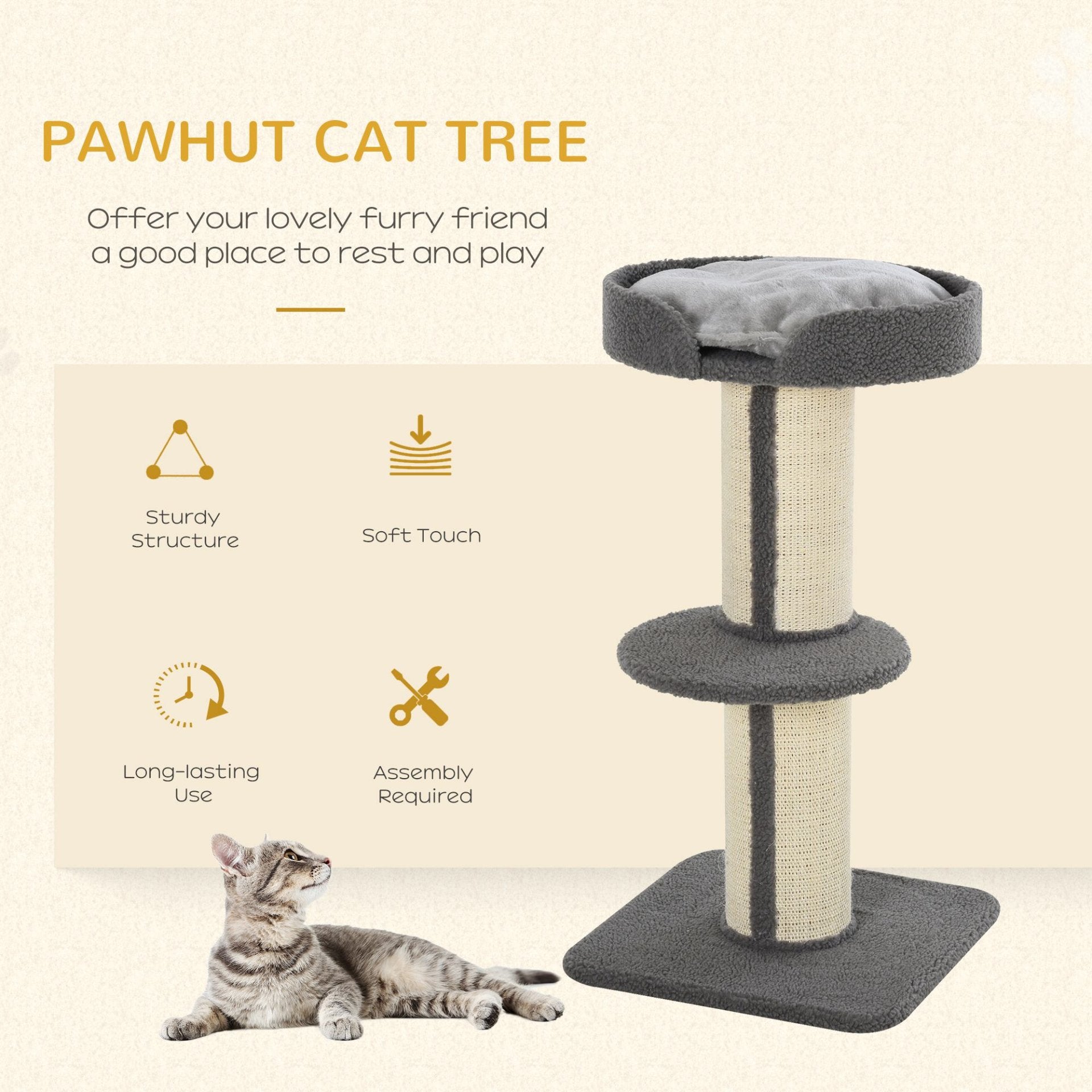 PawHut 91cm Cat Tree for Indoor Cats Kitten Activity Center Play Tower Perches Sisal Scratching Post Lamb Cashmere Grey - Baig Merchant