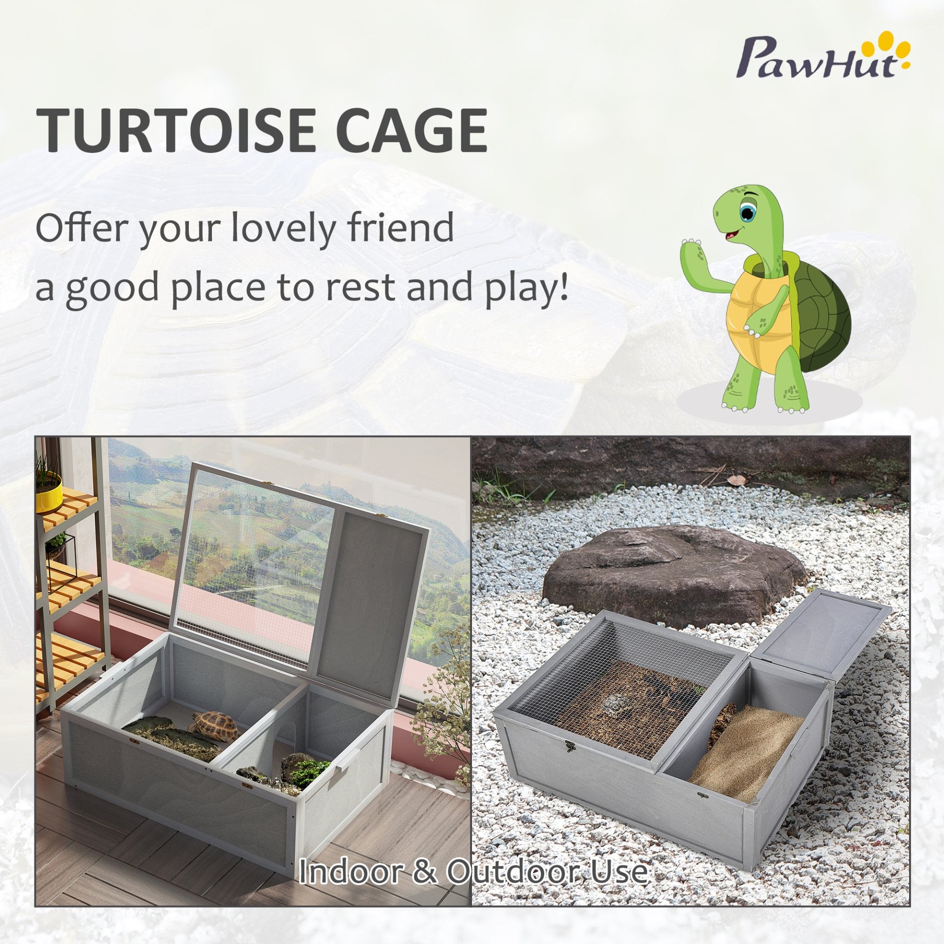 PawHut 94 cm Wooden Tortoise House Turtle Habitat Small Reptile Cage Enclosure with Two Room Grey - Baig Merchant