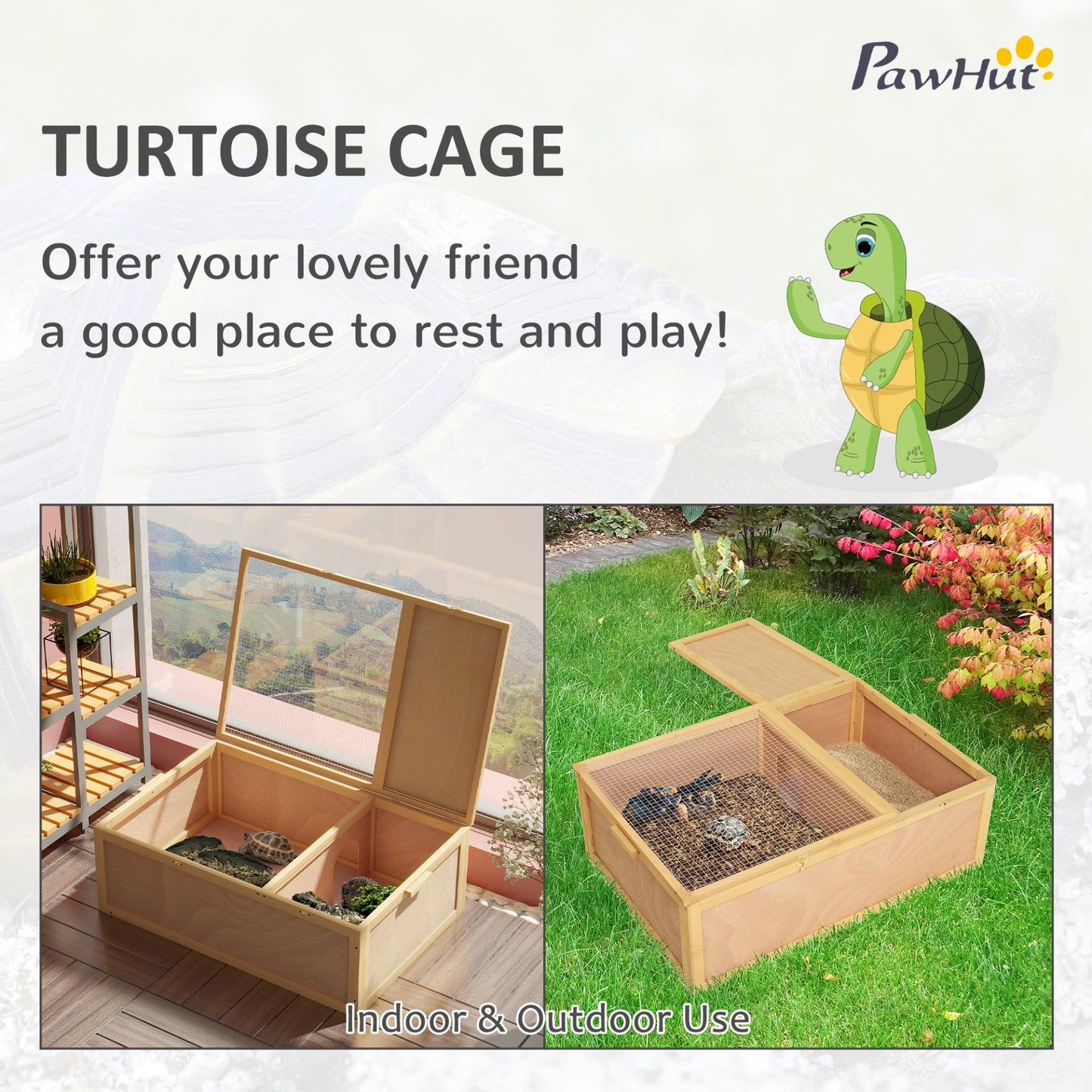 PawHut 94 cm Wooden Tortoise House Turtle Habitat Small Reptile Cage Enclosure with Two Room Yellow - Baig Merchant