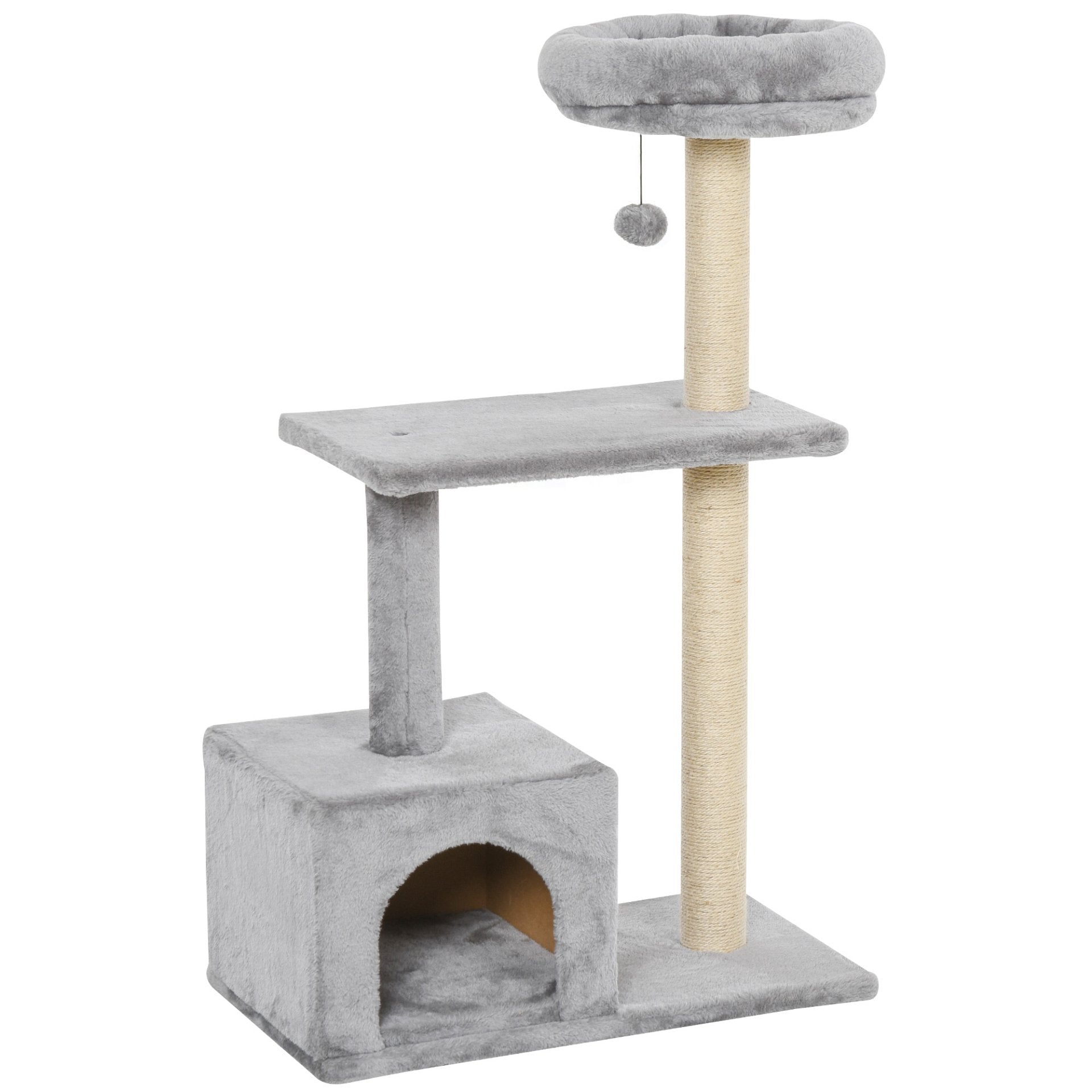 PawHut 96cm Cat Tree for Indoor Cats Condo Sisal Scratching Post Cat Tower Kitten Play House Dangling Ball Activity Center Furniture Grey - Baig Merchant