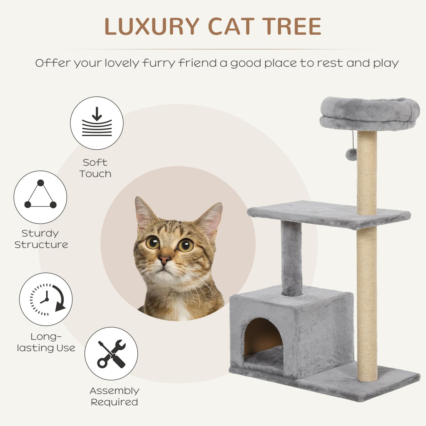 PawHut 96cm Cat Tree for Indoor Cats Condo Sisal Scratching Post Cat Tower Kitten Play House Dangling Ball Activity Center Furniture Grey - Baig Merchant