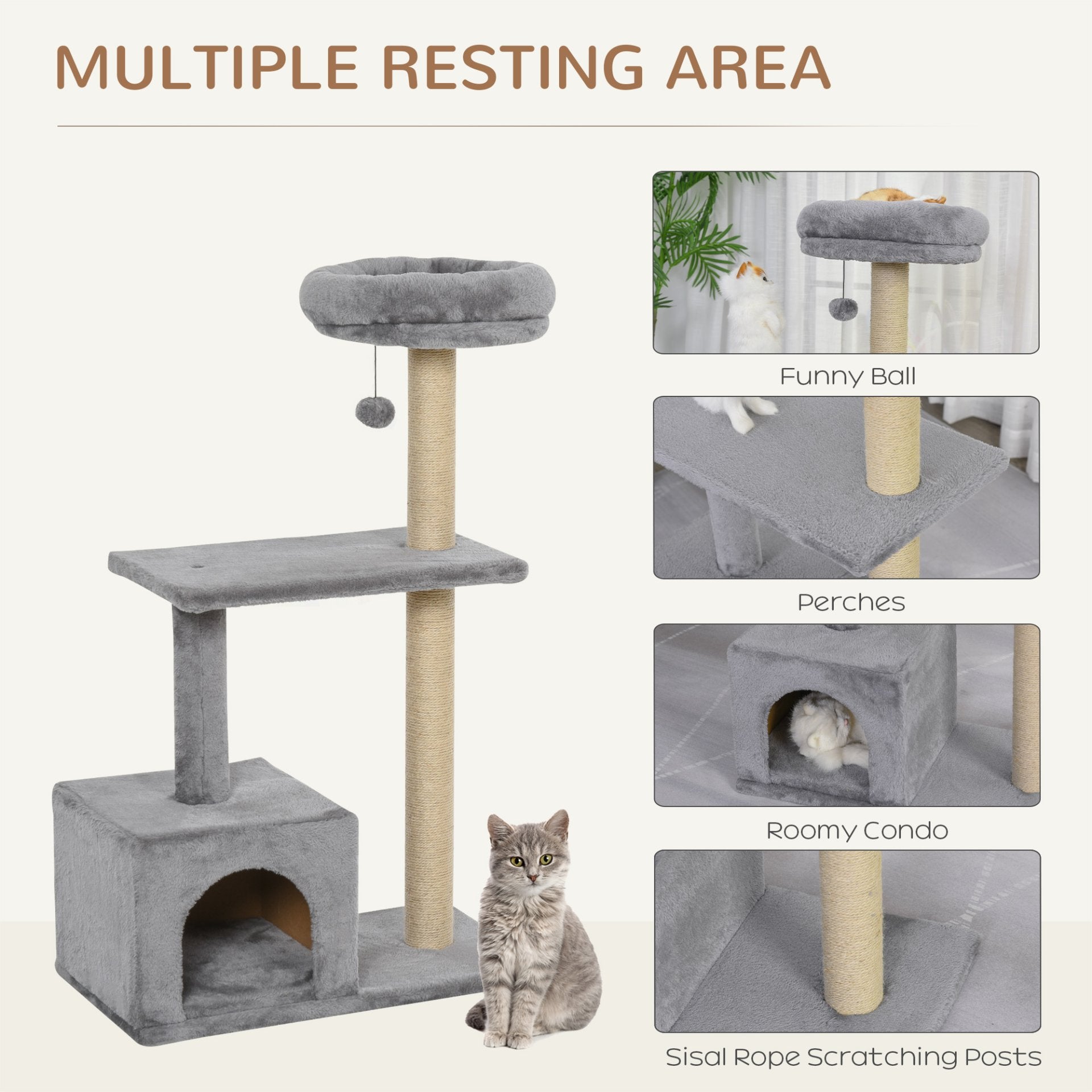 PawHut 96cm Cat Tree for Indoor Cats Condo Sisal Scratching Post Cat Tower Kitten Play House Dangling Ball Activity Center Furniture Grey - Baig Merchant