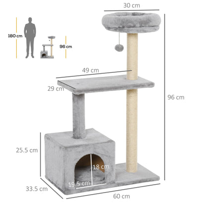 PawHut 96cm Cat Tree for Indoor Cats Condo Sisal Scratching Post Cat Tower Kitten Play House Dangling Ball Activity Center Furniture Grey - Baig Merchant