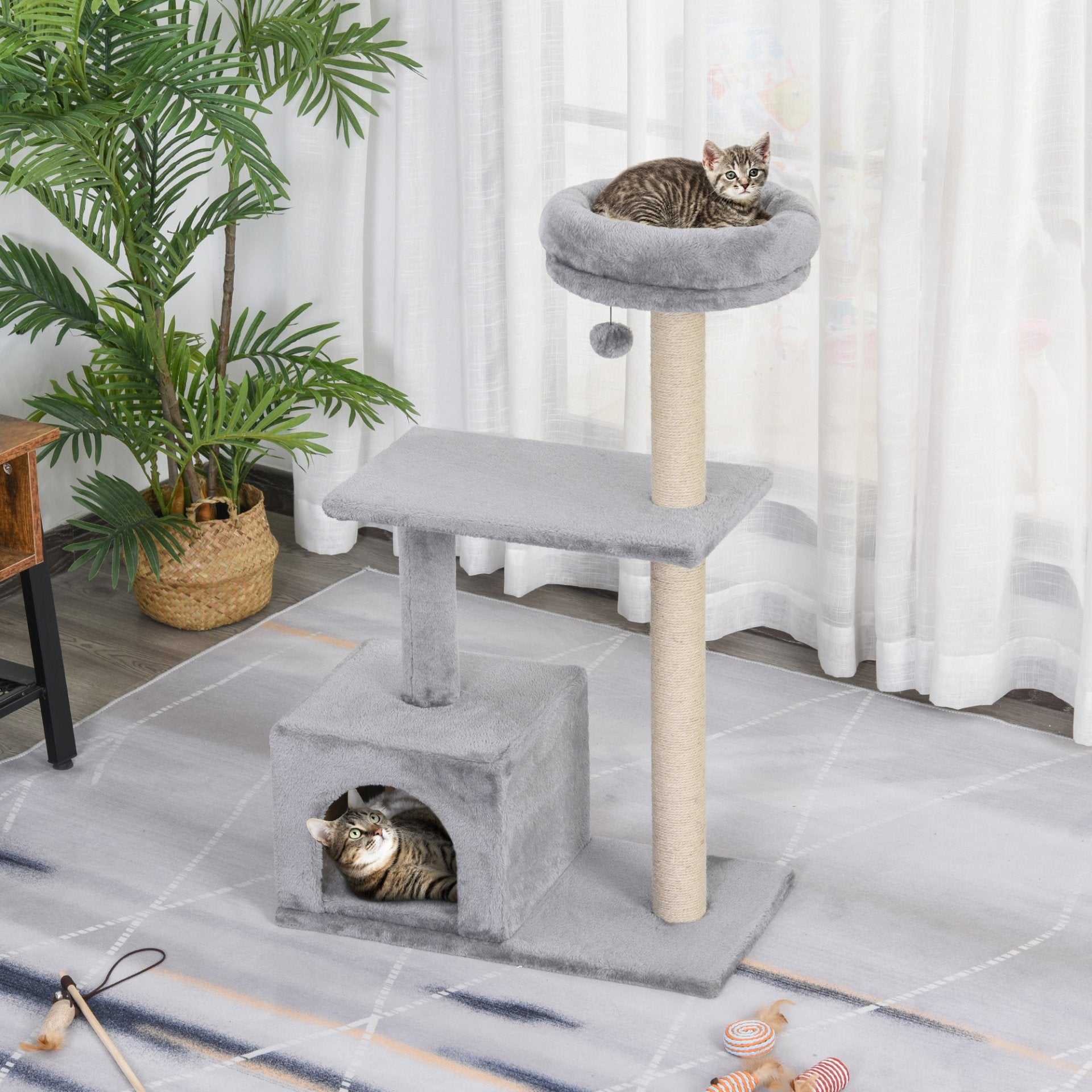 PawHut 96cm Cat Tree for Indoor Cats Condo Sisal Scratching Post Cat Tower Kitten Play House Dangling Ball Activity Center Furniture Grey - Baig Merchant