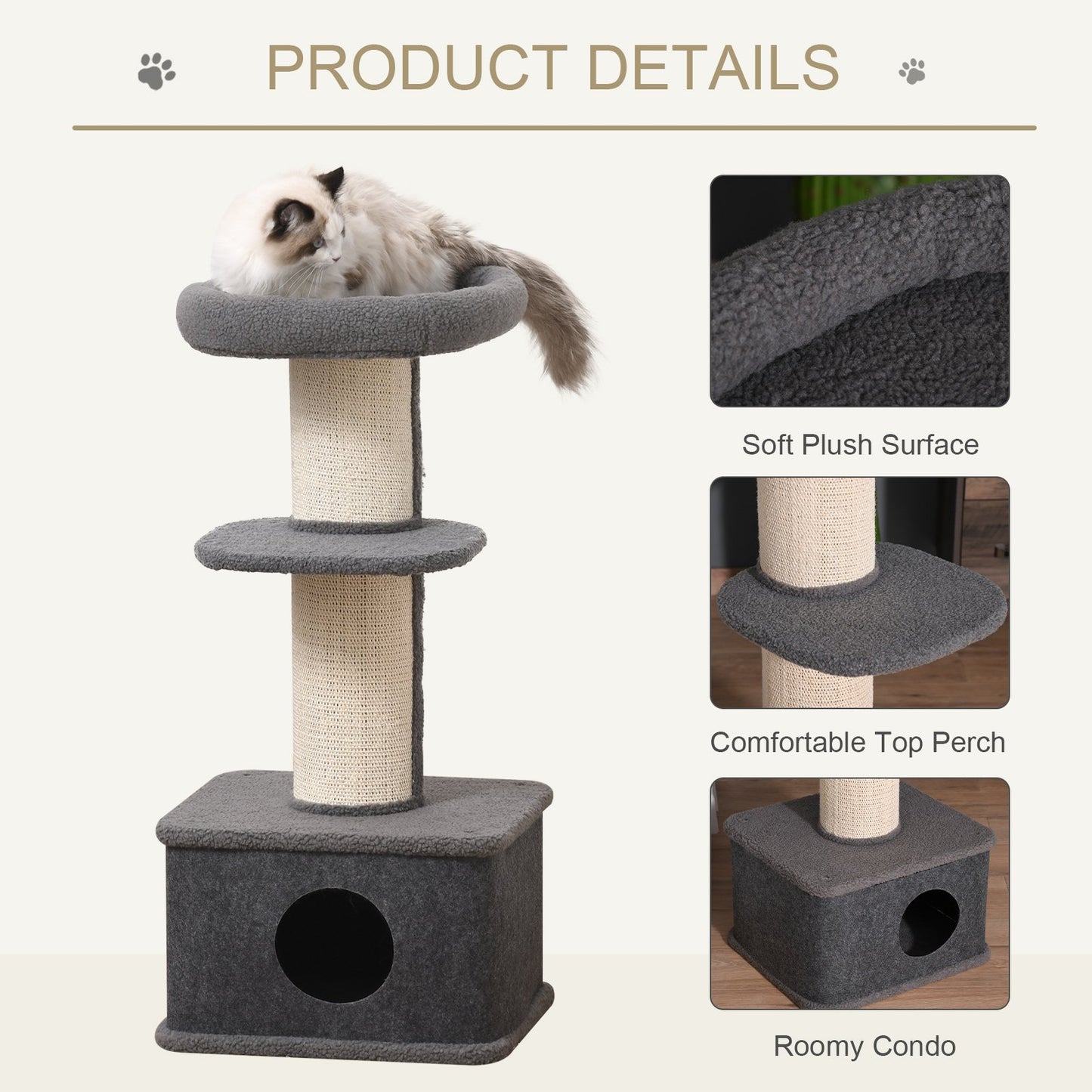 PawHut 96cm Cat Tree for Indoor Cats Kitten Tower Multi level Activity Center Pet Furniture with Sisal Scratching Post Condo Removable Cover Grey - Baig Merchant