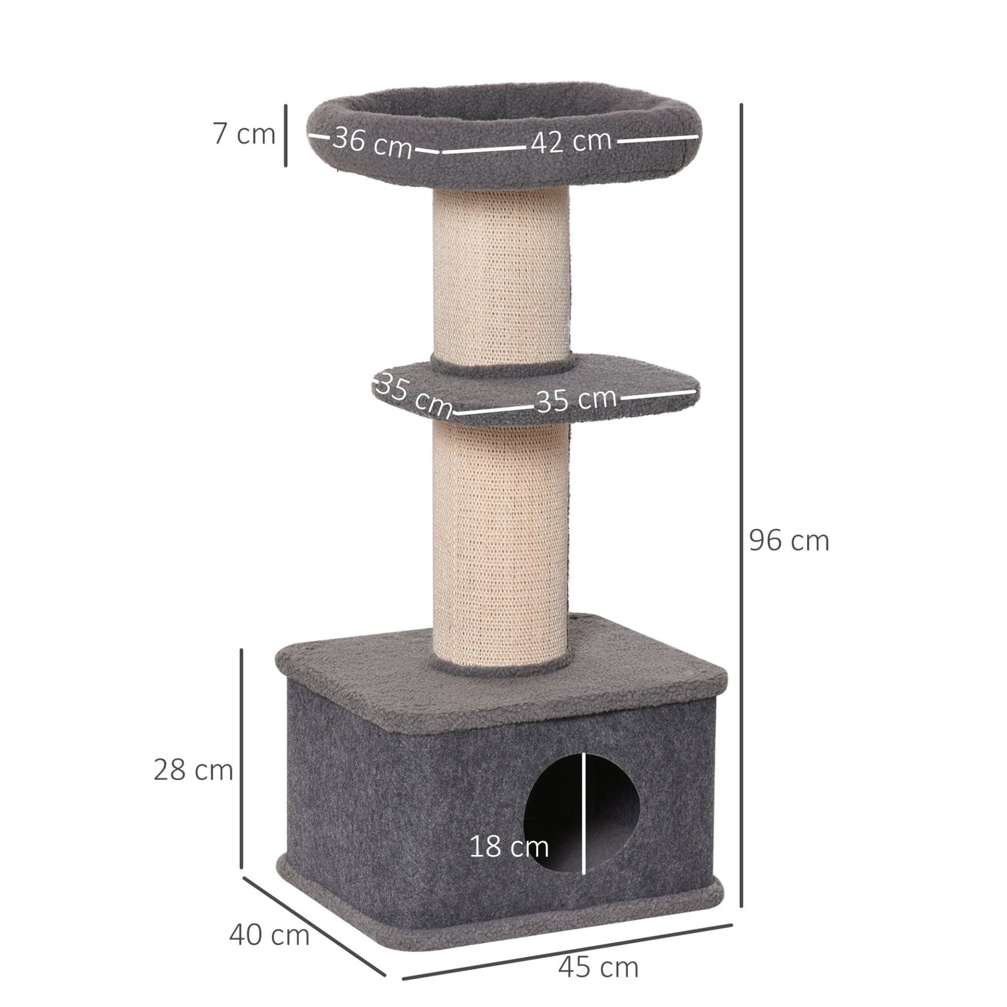 PawHut 96cm Cat Tree for Indoor Cats Kitten Tower Multi level Activity Center Pet Furniture with Sisal Scratching Post Condo Removable Cover Grey - Baig Merchant